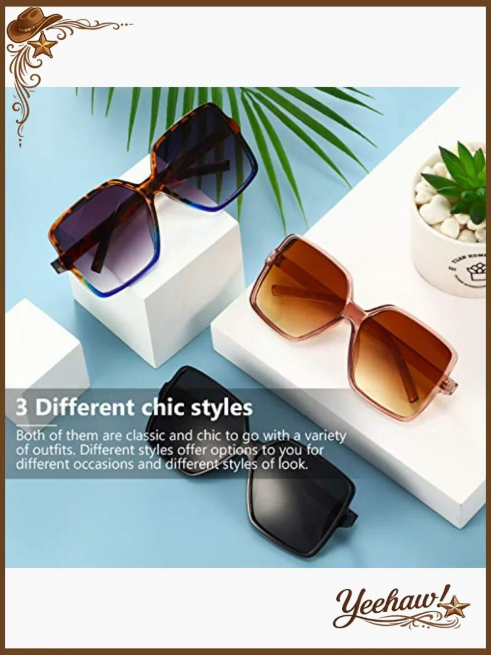 3 Pairs Oversized Square Sunglasses Vintage Polarized UV Protection Unisex - Picture 5 of 7